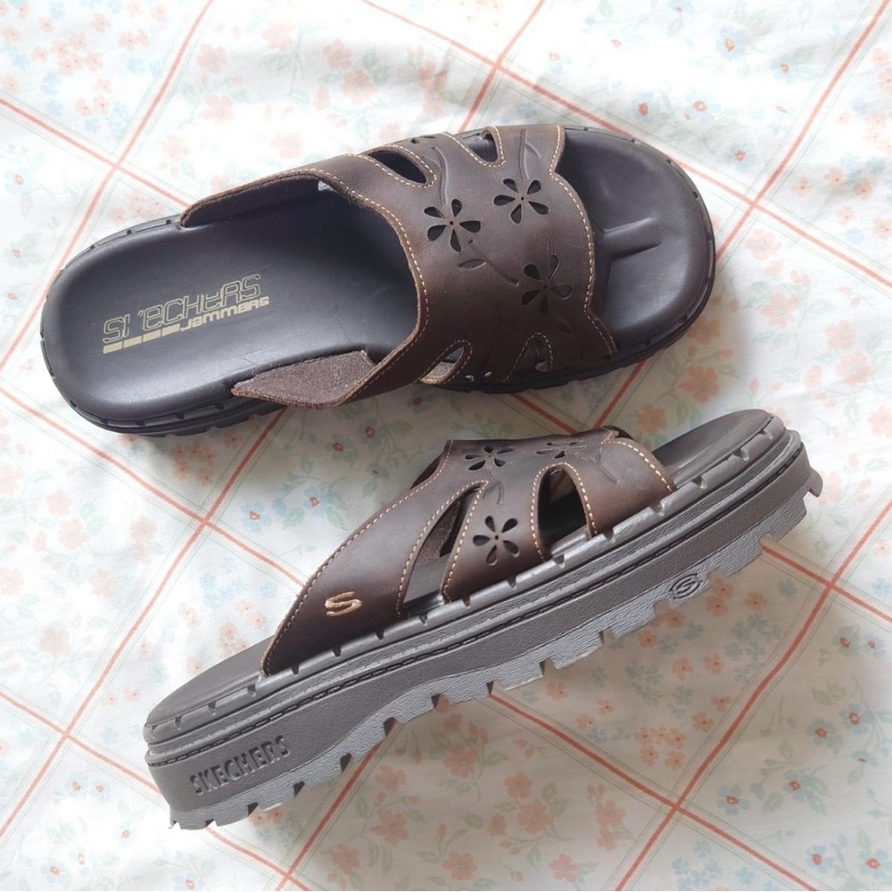 Skechers Dark Brown Floral Cutout Slide Sandals